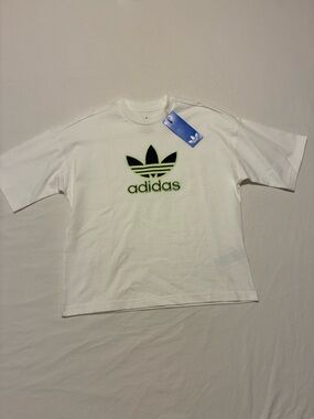 Kids Adidas White Tee with Black & Neon Green Trefoil